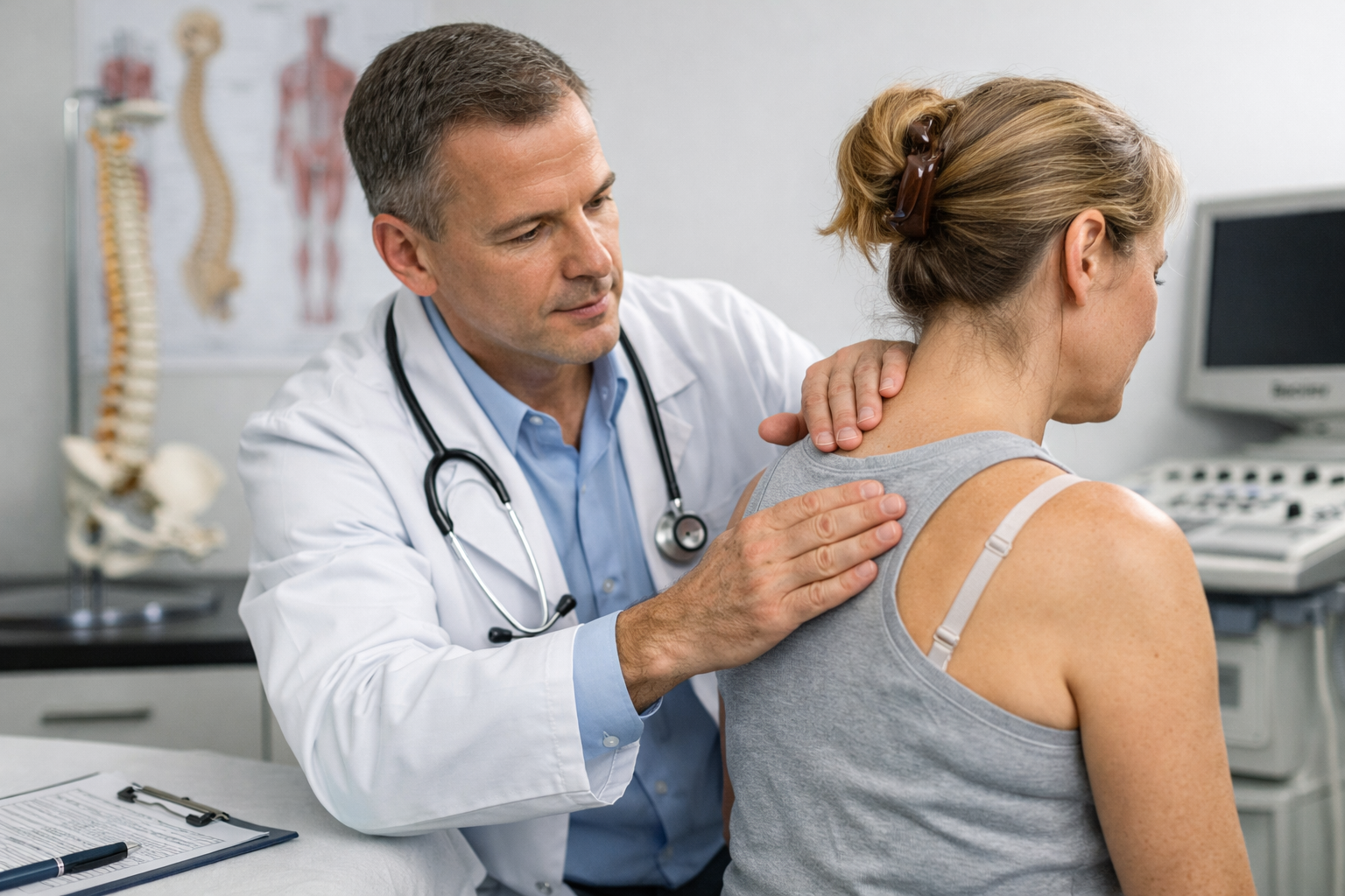 Fisiatra durante una valutazione funzionale del sistema muscolo-scheletrico nel corso di una visita fisiatrica.