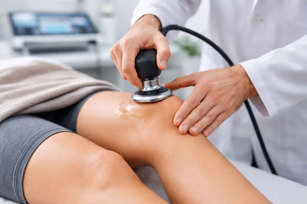 Therapist performing TECAR radiofrequency therapy on the knee joint in a clinical setting